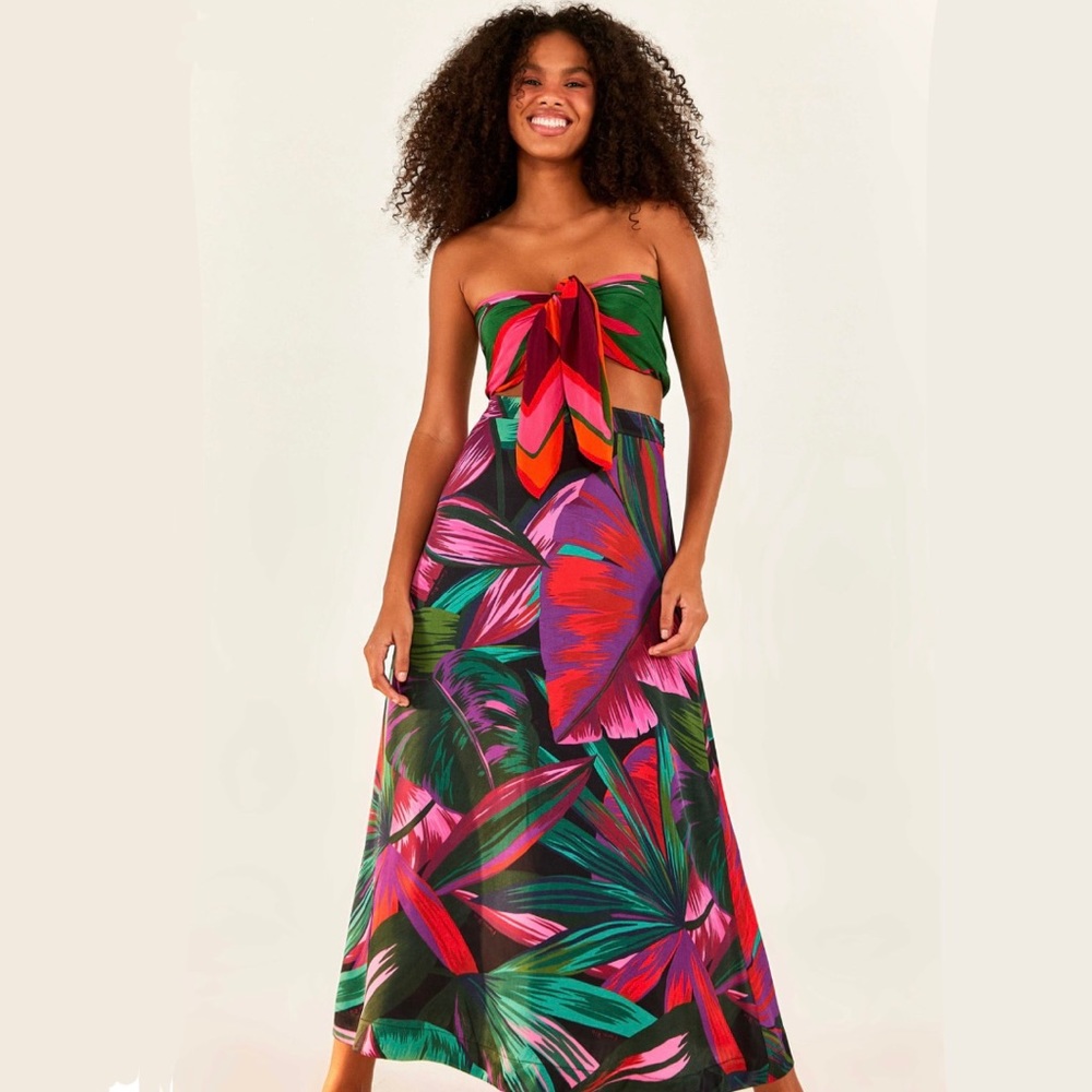 FARM RIO MIDNIGHT LEAVES MIDI SKIRT SIZE MEDIUM NWT